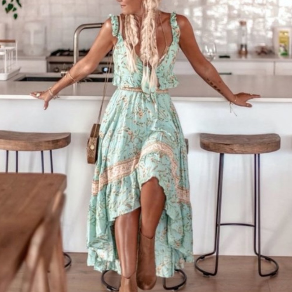 Boho Mint Green Floral Print Ruffle Crop Top Maxi Skirt Set - Picture 1 of 12